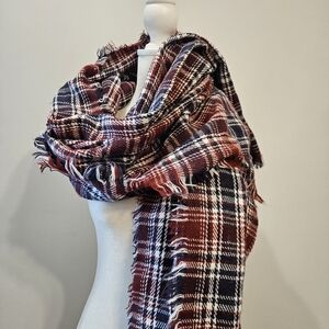 Plaid Fringe Scarf in Red and Black